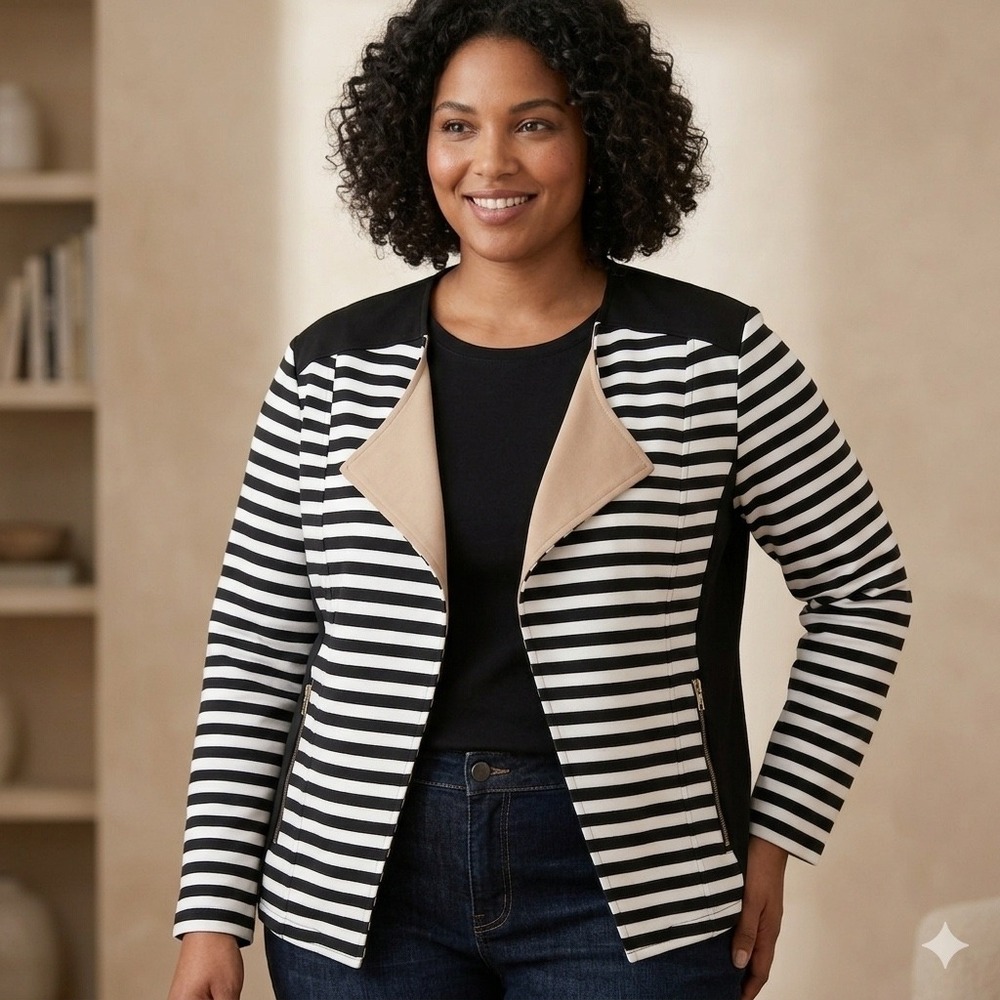 Chicos Striped Open Front Jacket Black White Tan Zip Pockets Size 2 Large